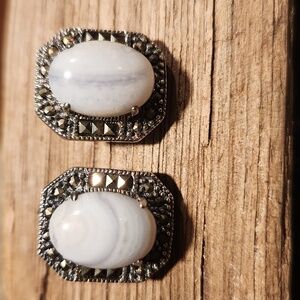 Blue Lace Agate And Sterling Silver Earrings Vintage